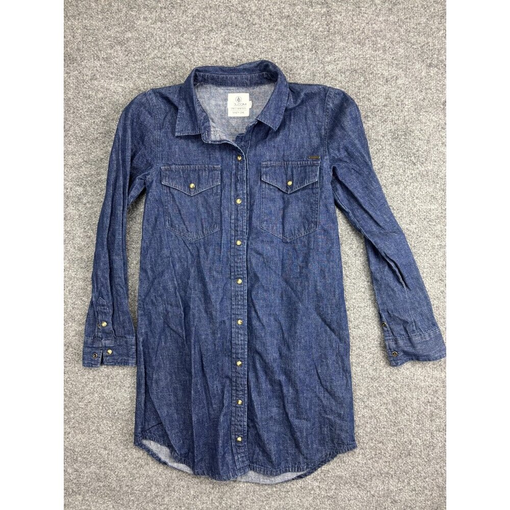 Volcom Dress Womens XS Blue Chambray Button Front Long Sleeve Shirt Dress Casual